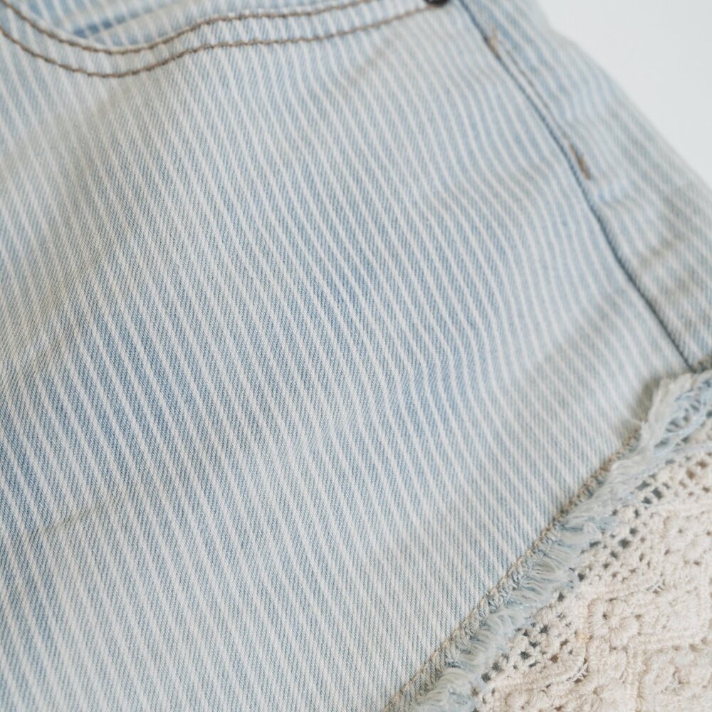 Free People High Rise Jean Shorts Striped Lace Crochet Trim Light Wash - Picture 5 of 9